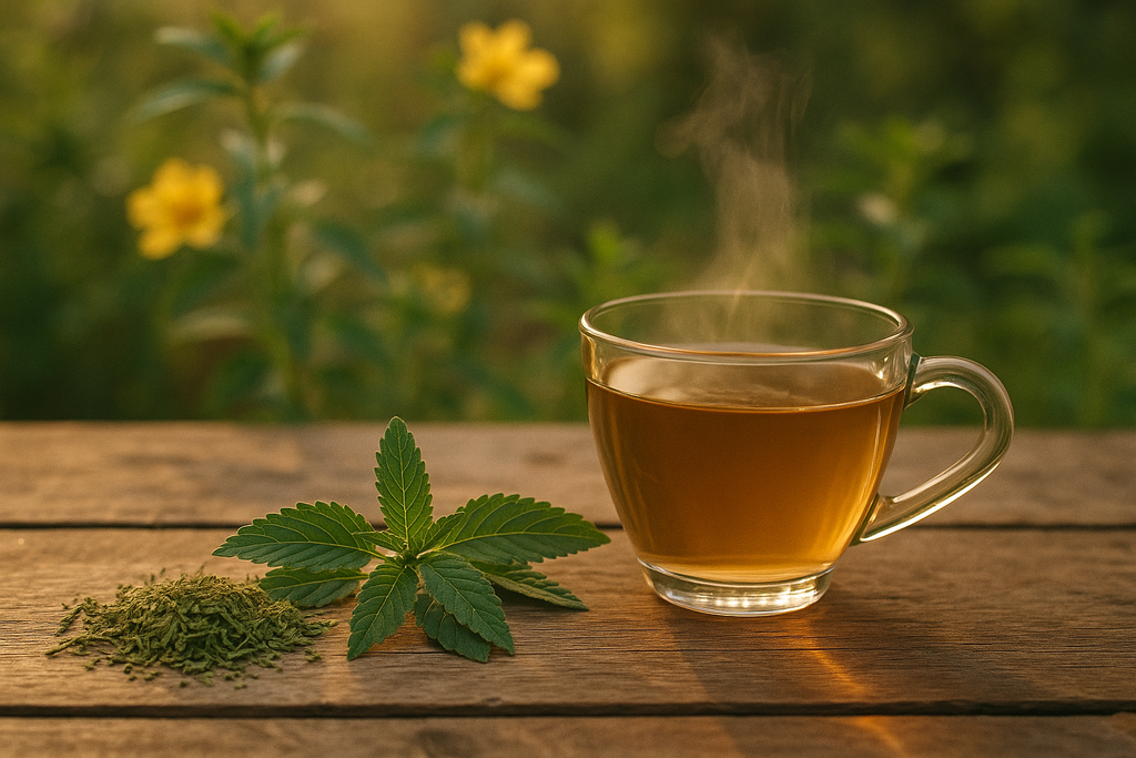 Glas Damianatee auf Holztisch, daneben frische Damianablätter und getrocknetes Kraut; outdoor im warmen Abendlicht (Turnera diffusa).