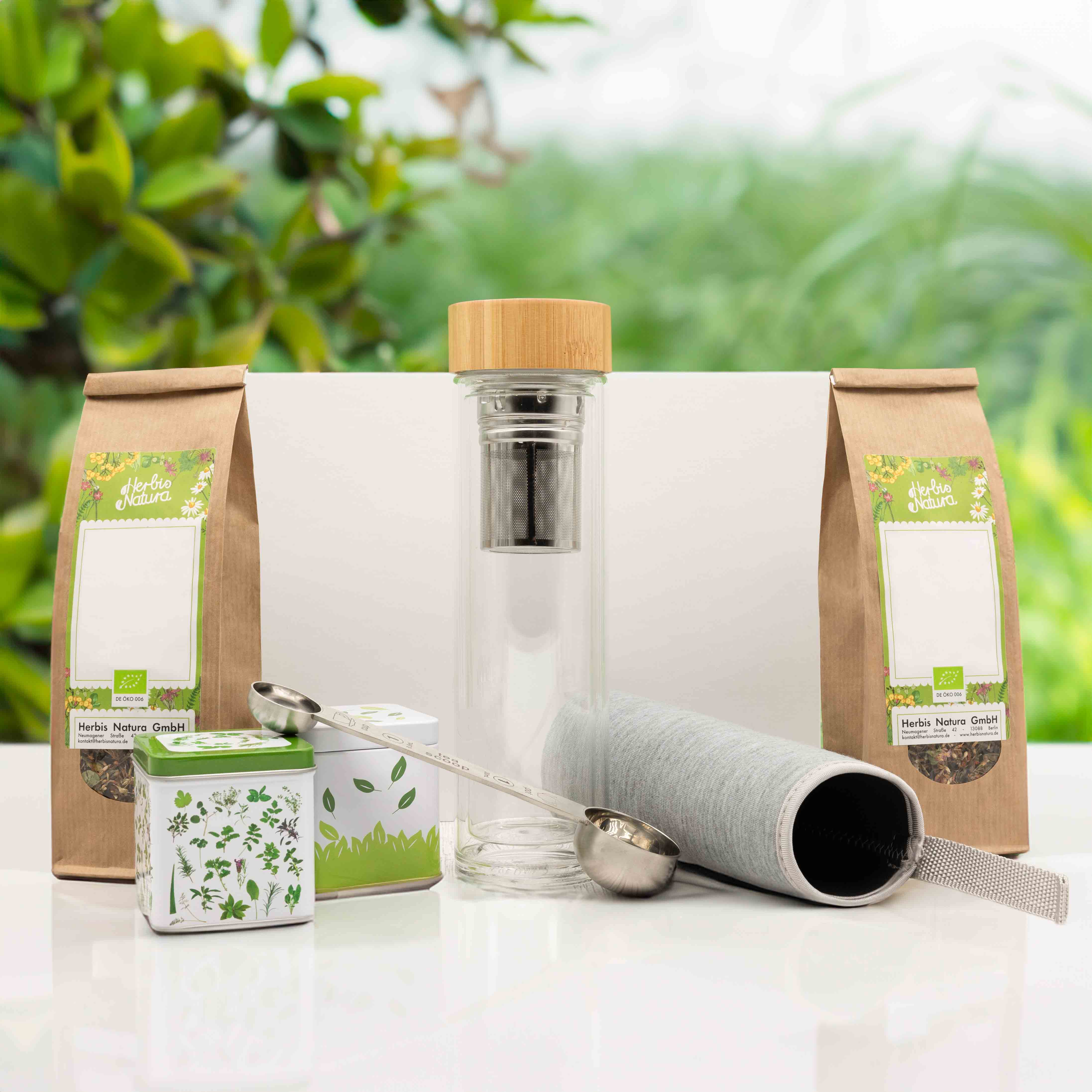 Deluxe Geschenk-Box mit Teesorten, hochwertiger Glasflasche und Portionslöffel